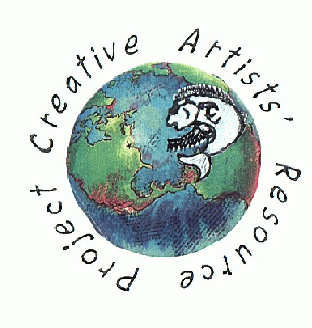 Carp-fish logo superimposed on globe with star marker on philadelphia 
and 'creative artists' resource project' around it.